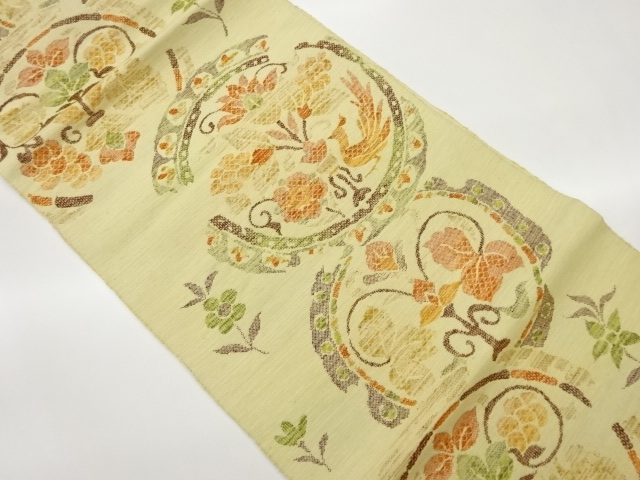 手織り紬丸文に孔雀・花々模様織出し名古屋帯